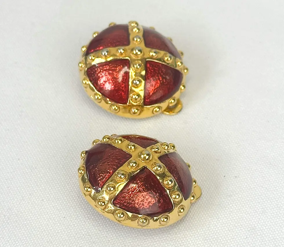 Hình thu nhỏ: Vintage ESCADA Metal Enameled Round Clip On Earrings Large Red Gold 1980's RARE