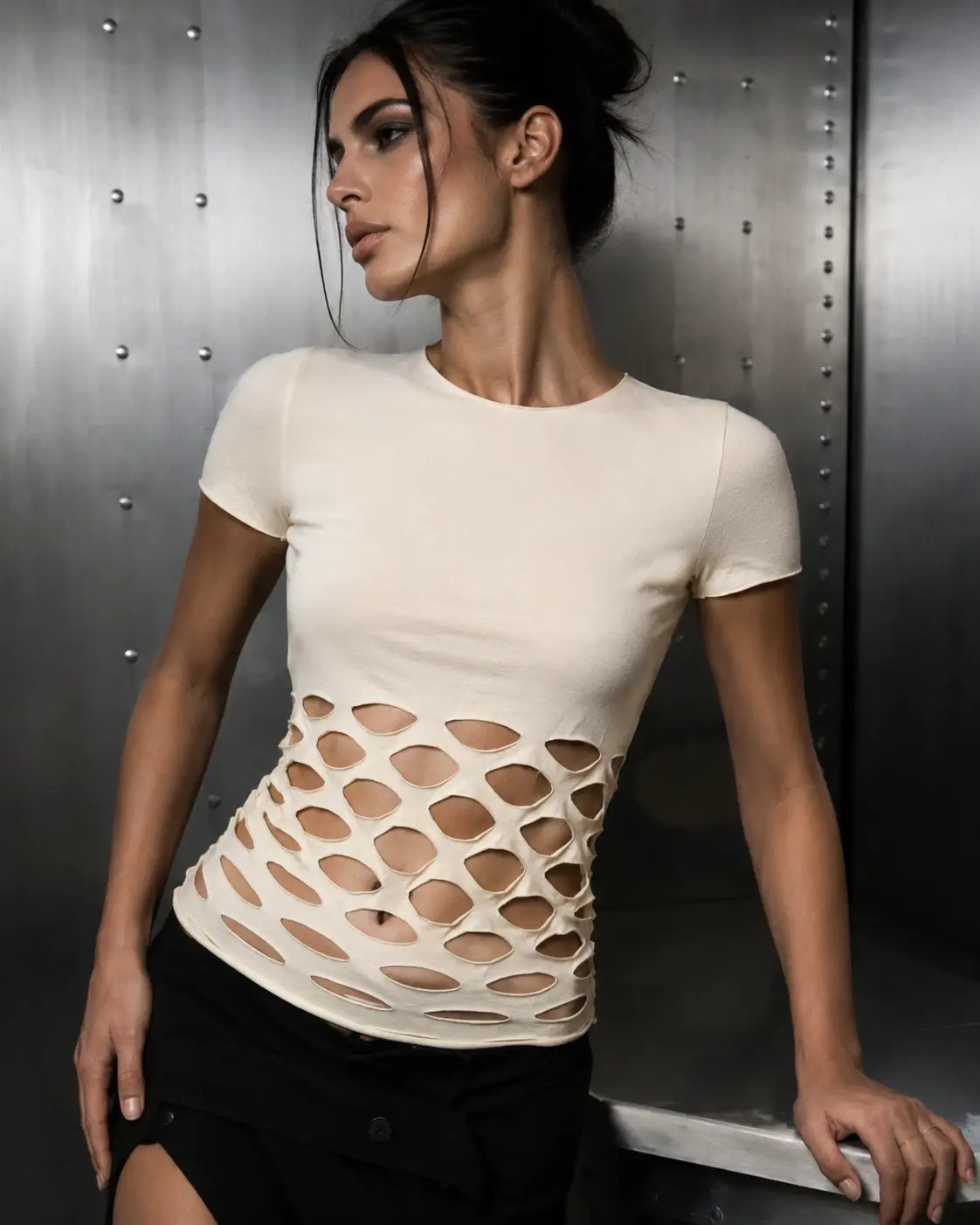 JEAN PAUL GAULTIER Soleil Cotton Cutout Top Small Ivory Short Sleeves