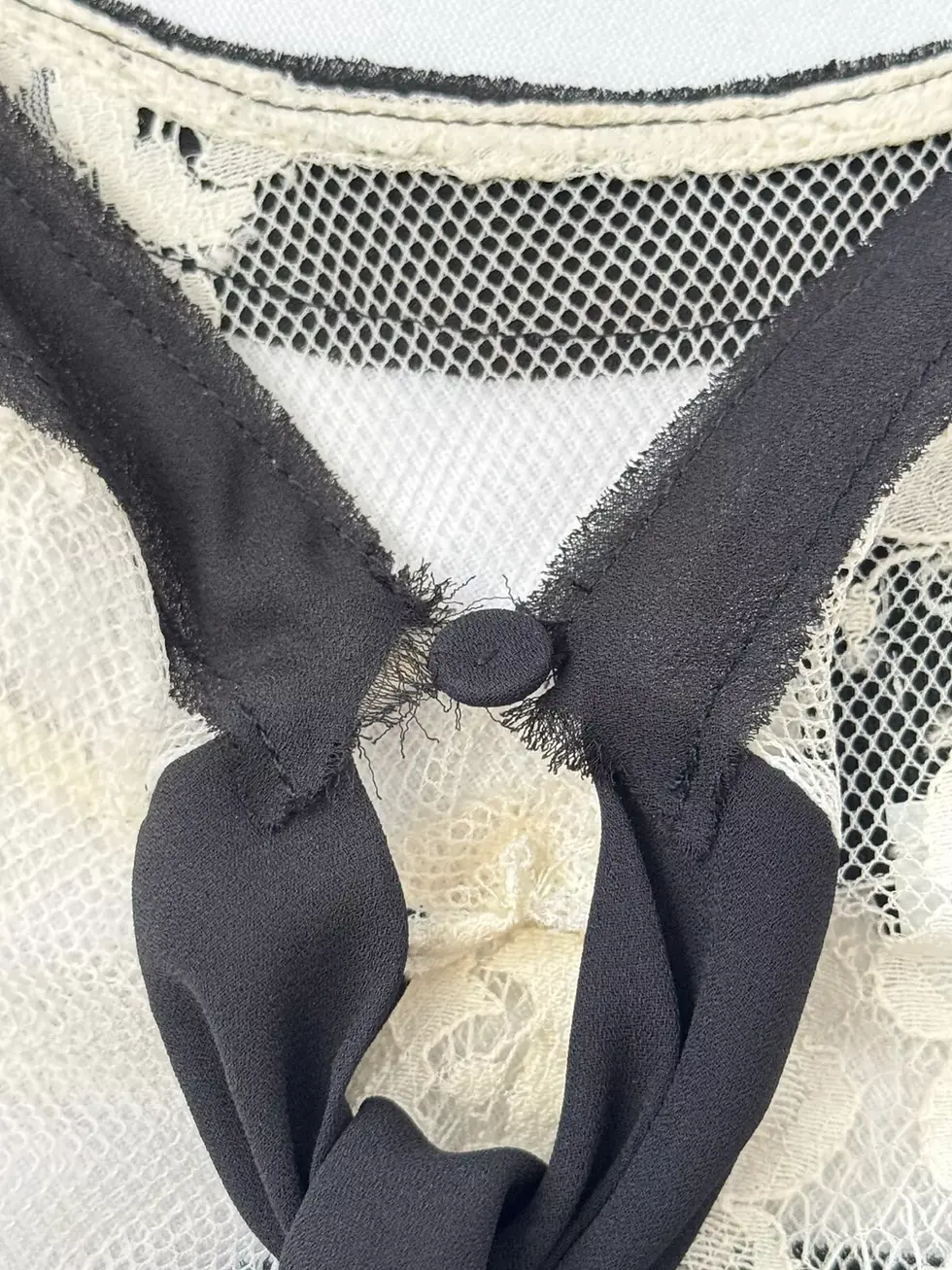 Hình thu nhỏ: EDWARD ACHOUR PARIS Cotton Blend Lace Overlay Blouse 38 Ivory Black Striped Bow