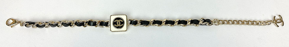 Hình thu nhỏ: CHANEL 2023 Leather Chain Link Choker Necklace Black Gold Square Enameled