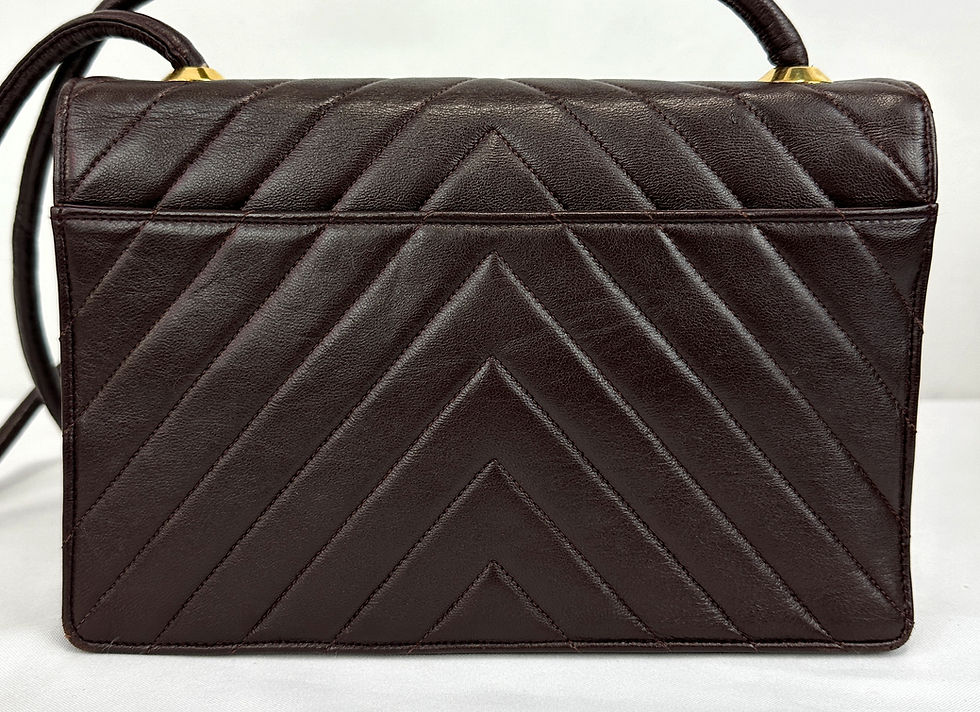 Hình thu nhỏ: Vintage CHANEL Flap Lambskin Leather Bag Dark Brown Chevron Quilted Push Lock 90