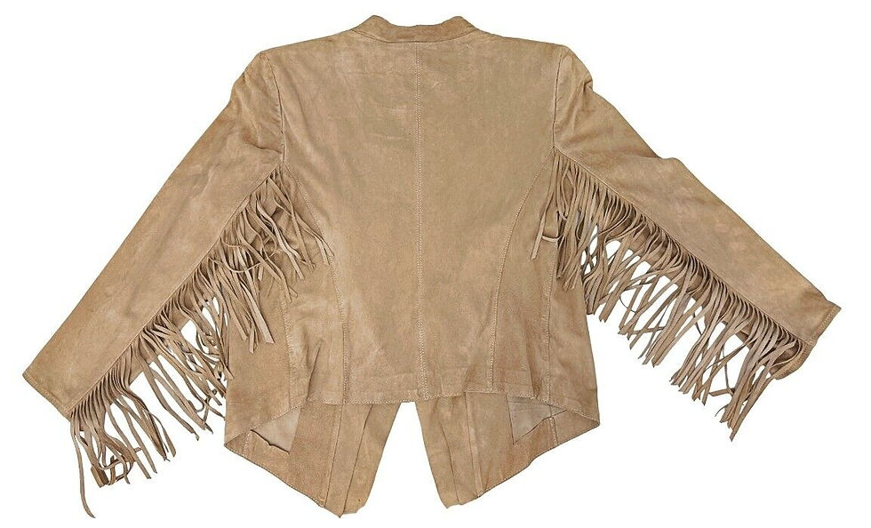 Thumbnail: LAMARQUE Zura Suede Jacket 4 Taupe Cascade Front Fringe Trim Sleeves Leather