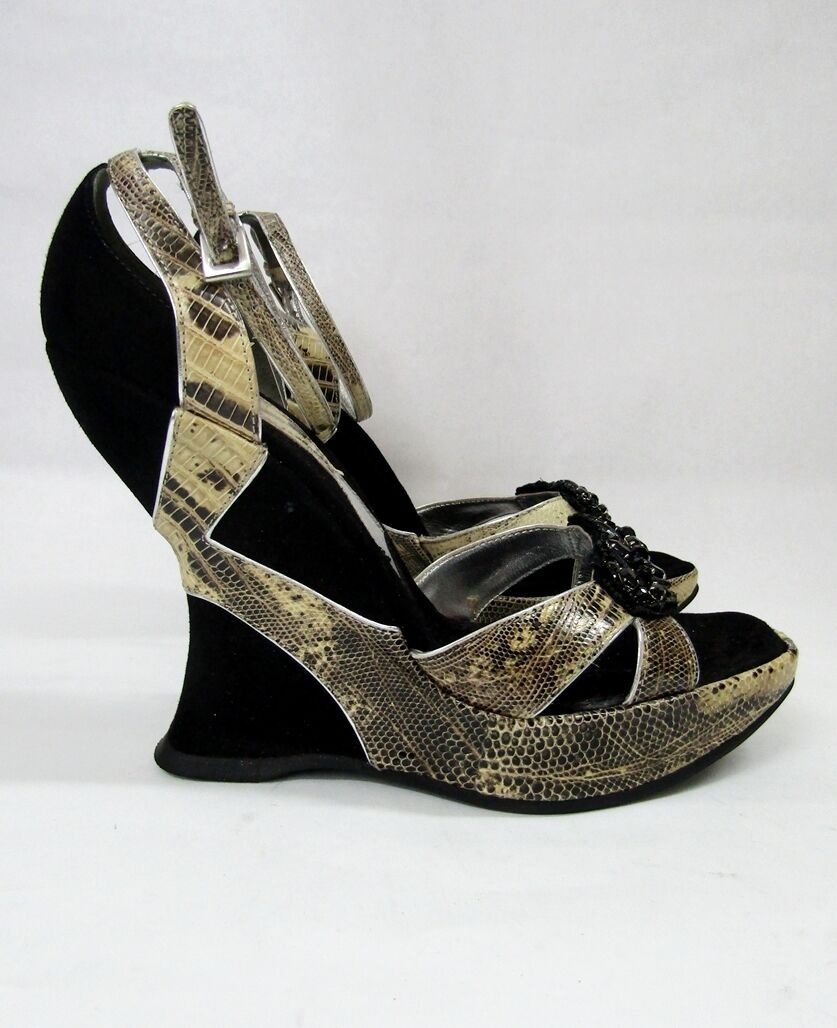 縮圖：PRADA Python Black Suede Curved Wedges 39.5 9.5