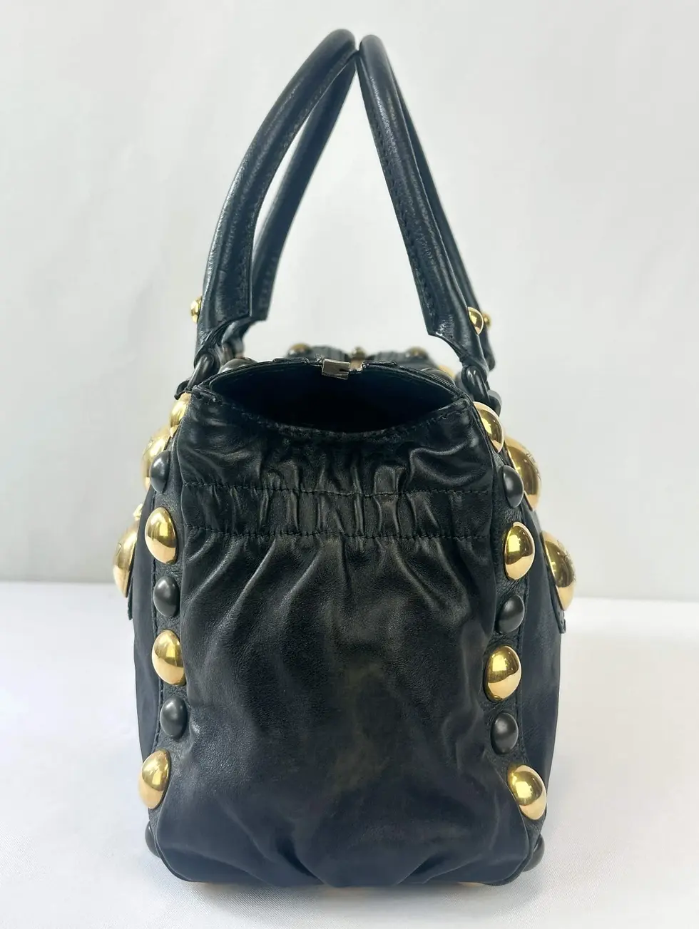 縮圖：GUCCI Babouska Leather Boston Handbag Medium Black Gold Heart Charm