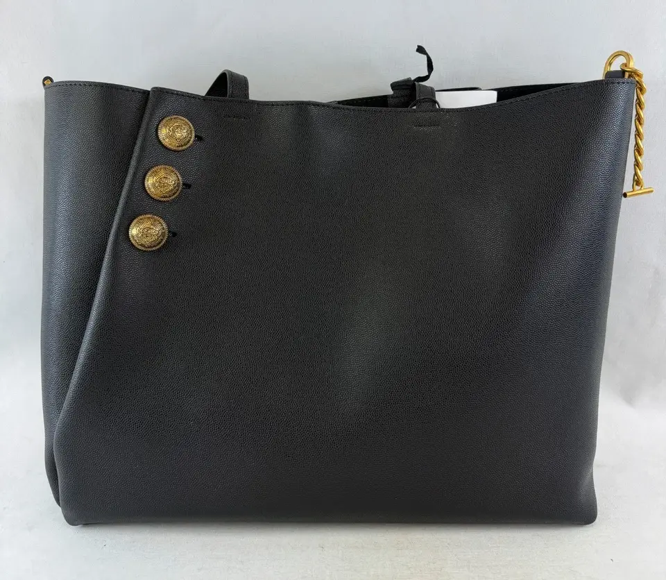 Thumbnail: BALMAIN Embleme Shopper Tote Large Black Grained Leather Gold Plated Buttons