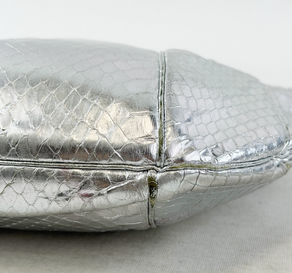 Miniatura: JUDITH LEIBER Snakeskin Leather Shoulder Bag Small Silver Two-Tone Chain