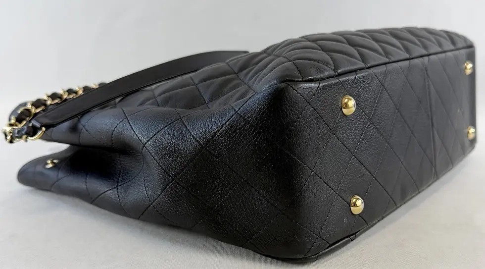 縮圖：CHANEL Caviar Skin Classic Shopping Tote Quilted Chain Bag Black Gold CC Jumbo
