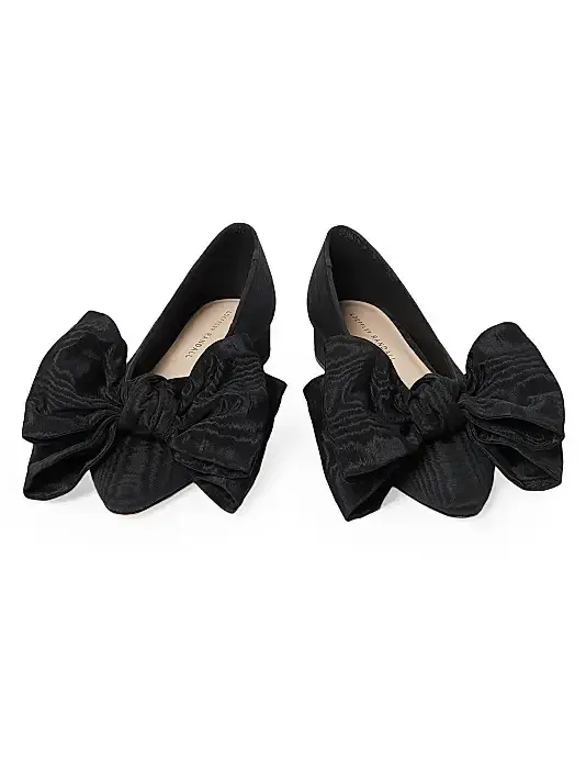 Thumbnail: LOEFFLER RANDALL Noa Moiré Bow Flats 8B Black Fabric Pointed Toe 38.5 NEW RARE