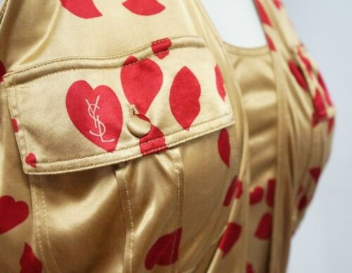 縮圖：YVES SAINT LAURENT Gold Red Heart Lip Pattern Halter Dress Large
