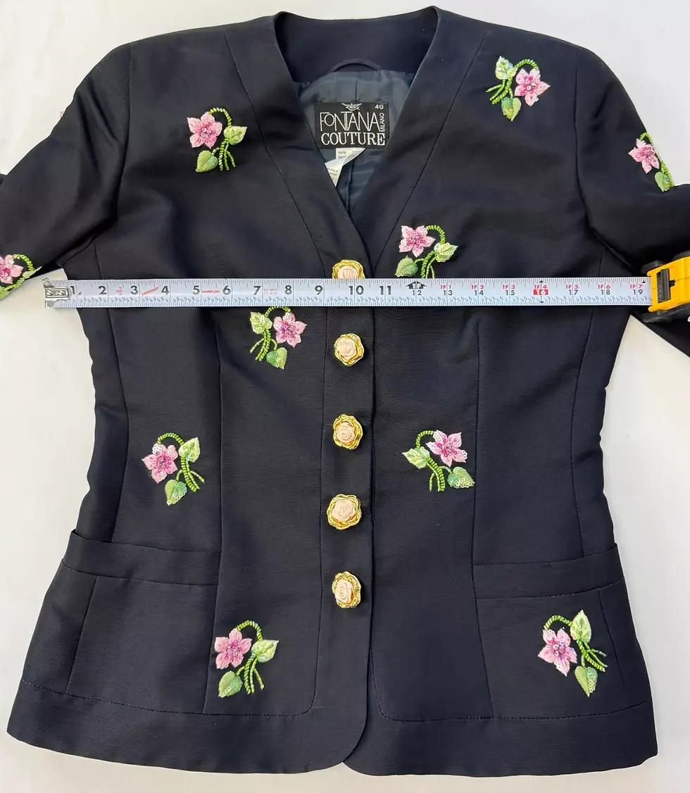 Thumbnail: Vintage FONTANA COUTURE Milano Silk Jacket Skirt Suit 40 Black Beaded Flowers
