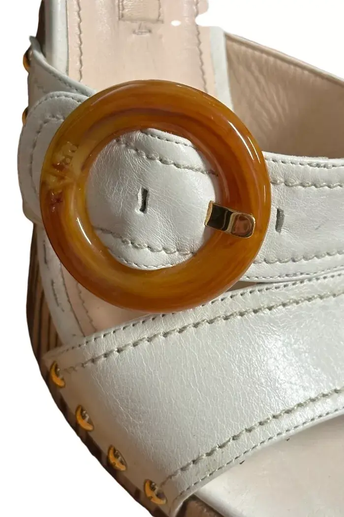 Hình thu nhỏ: PRADA White Striped Wooden Tortoise Platforms Buckle Slip On Sandals 37.5 US 7.5