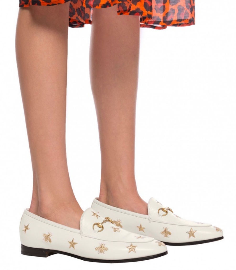 Miniatura: GUCCI Jordaan Leather Loafers Flats 35.5 White Bee & Star Embroidered Buckle
