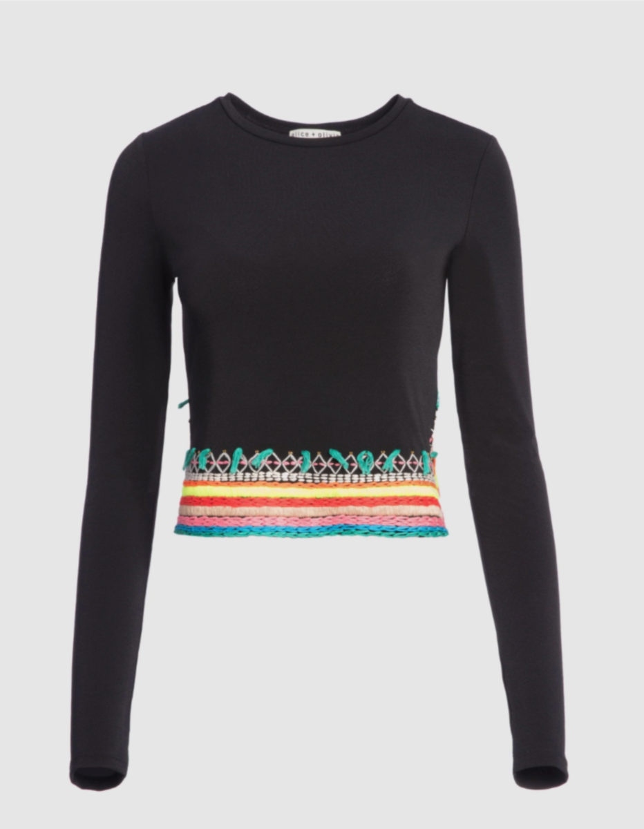 Alice + Olivia Delaina Embroidered Black Multicolor Crop Top S/P Side Zipper