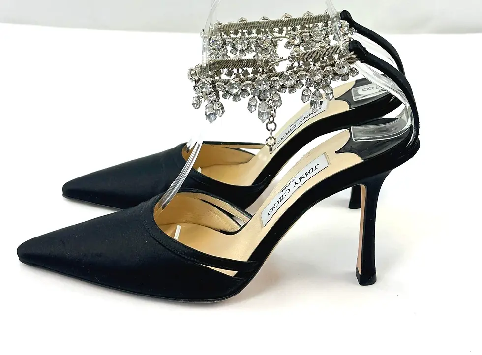Miniatura: JIMMY CHOO Satin Pointed Toe Pumps Heels 38 8 US Black Ankle Crystal Strap