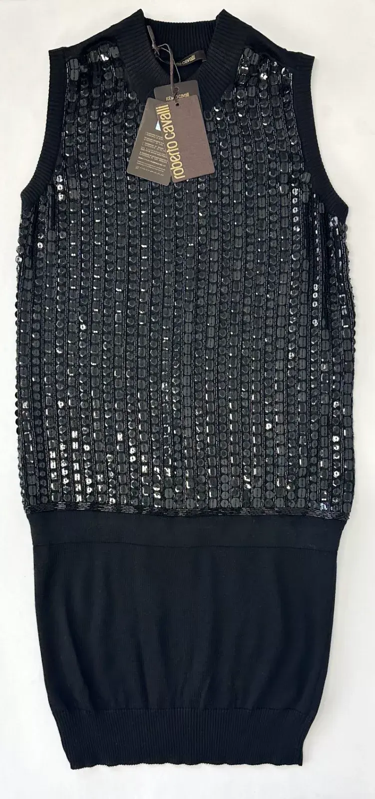 Hình thu nhỏ: ROBERTO CAVALLI Jersey Sequin Jumper Dress 40 S Black Mock Neck Ribbed Sexy NEW