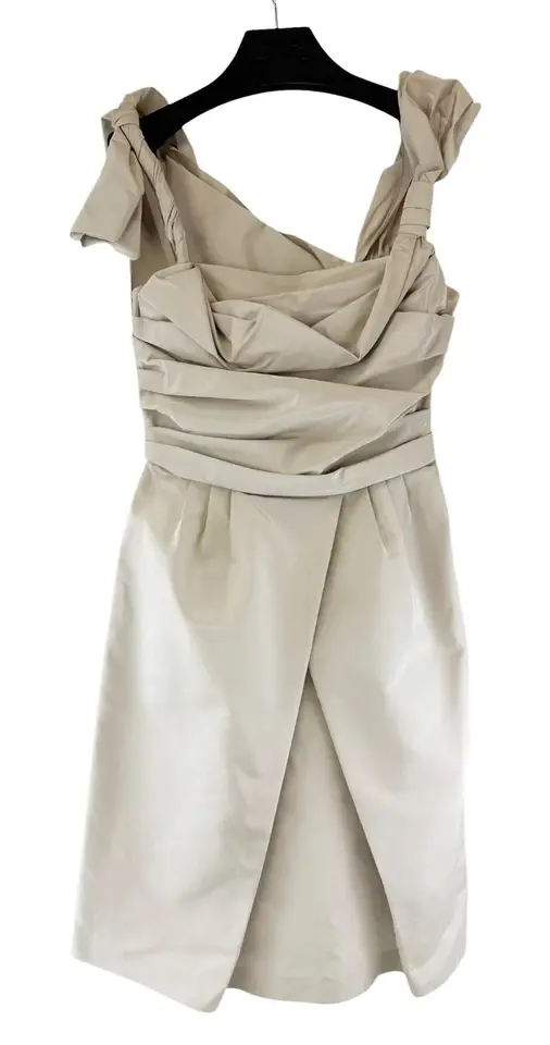 Miniatura: PRADA Silk Taffeta A Line Dress 44 Grey Pleated Ribbon Shoulder Strap