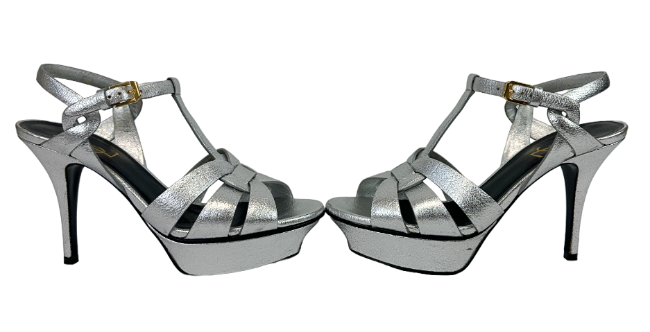Thumbnail: YSL SAINT LAURENT Tribute Leather Platform Heels 37 7 Metallic Silver Strappy