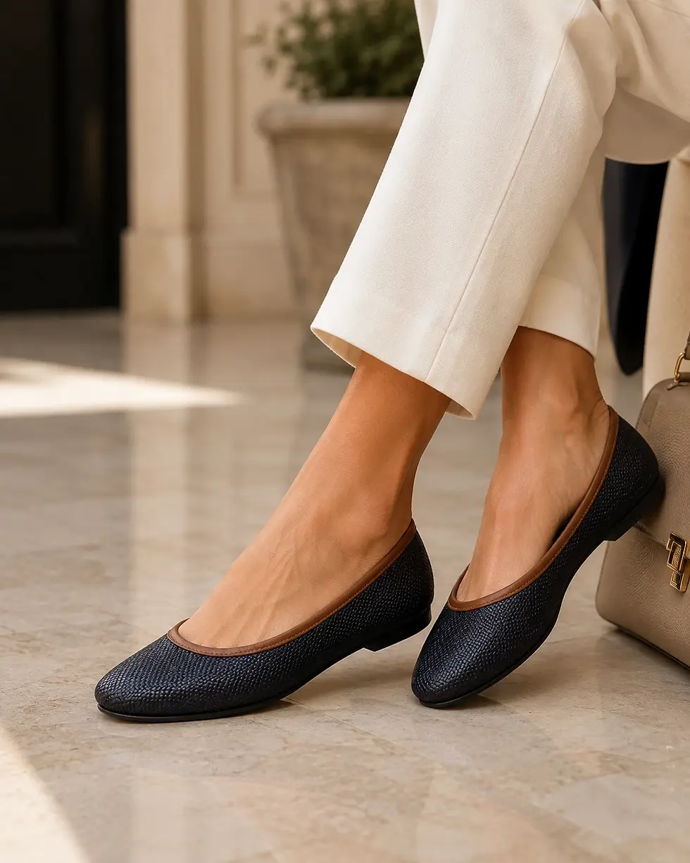 Thumbnail: BALLERETTE Roma Colonna 38 Black Summer Raffia Ballet Flats 8 US Brown Trim