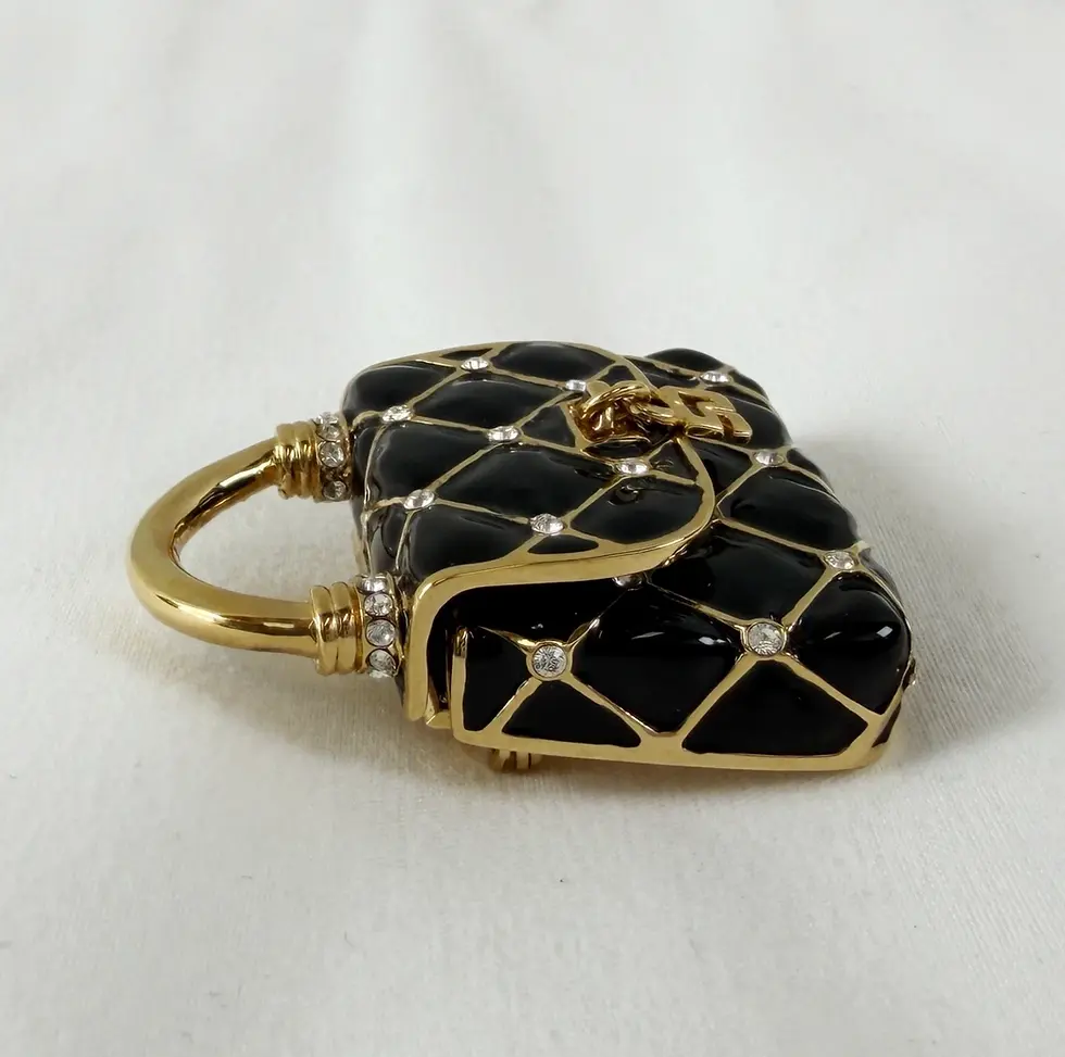 Thumbnail: NEW ST. JOHN Handbag Enamel Brooch Purse Pin Black Crystals 24KGP Logo Enhancer