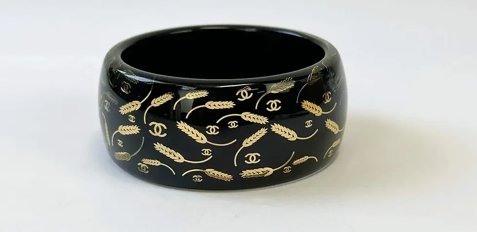Thumbnail: CHANEL Resin Cuff Bracelet Black Gold CC Logo Wheat Bangle 2010 RARE