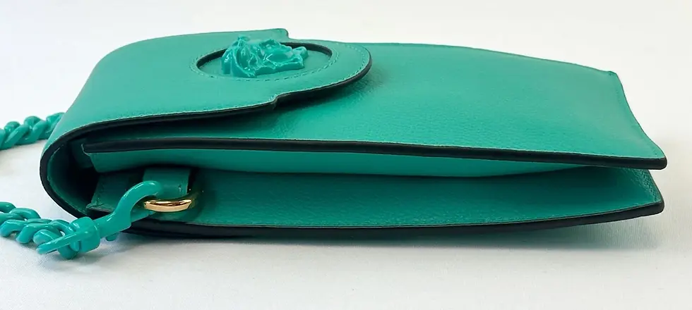 Thumbnail: VERSACE La Medusa Chain Crossbody Phone Pouch Turquoise Calfskin Messenger Bag