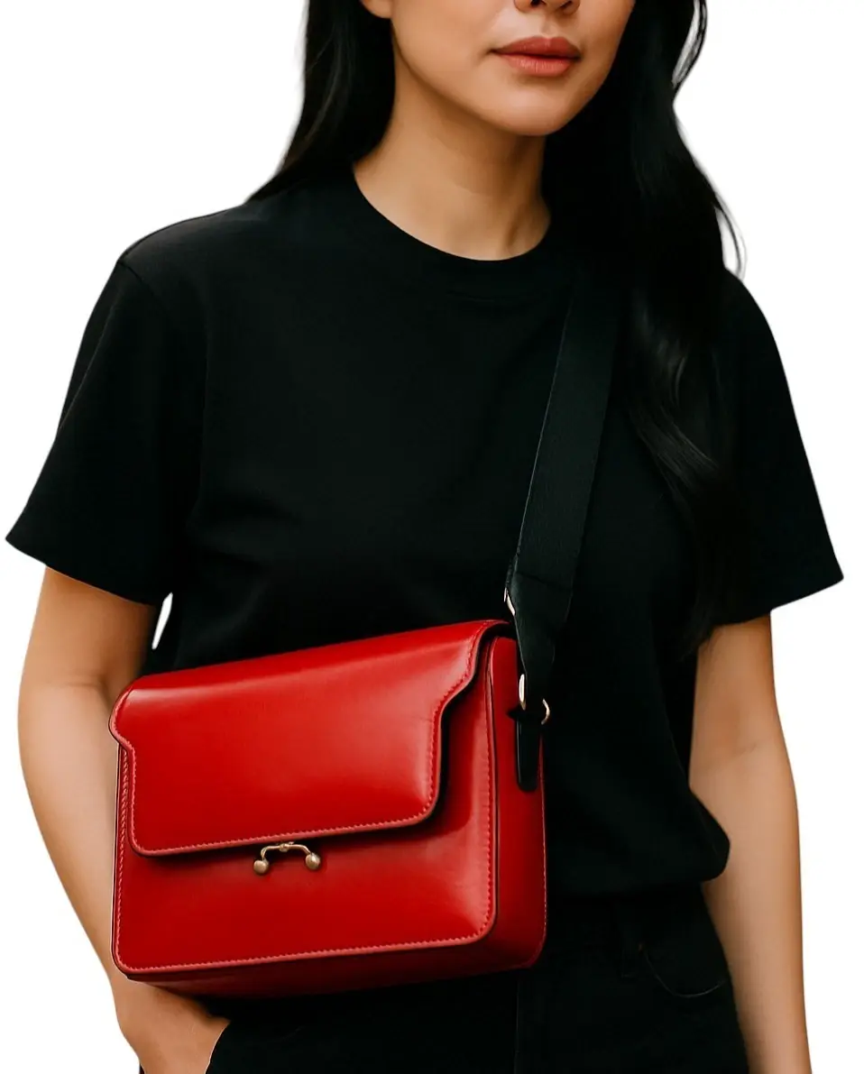 MARNI Bright Red Trunk Calf Leather Canvas Strap Medium Shoulder Crossbody Bag