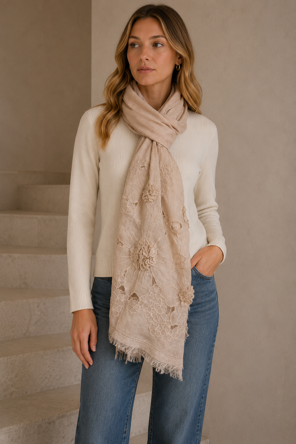 VALENTINO Floral Cut Out Rectangle Modal Cashmere Neck Wrap Scarf Large Beige
