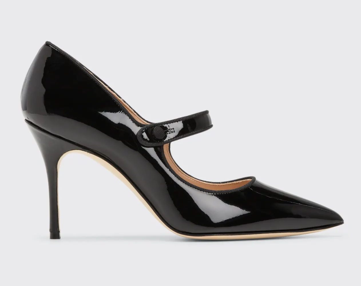 MANOLO BLAHNIK Campari Mary Jane Black Patent Leather Pointed Toe Pumps 37.5