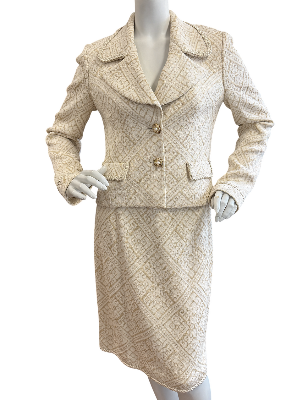 Thumbnail: ST. JOHN Couture 2PCS Jacket Skirt Suit 6 Beige Gold Embellished Buttons