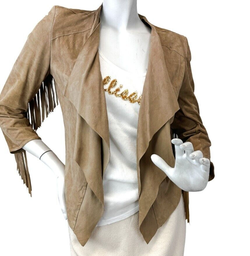 LAMARQUE Zura Suede Jacket 4 Taupe Cascade Front Fringe Trim Sleeves Leather