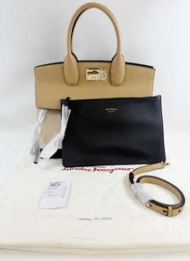Miniatura: SALVATORE FERRAGAMO The Studio Tote Satchel Bag Bone Dune Black Calf Leather