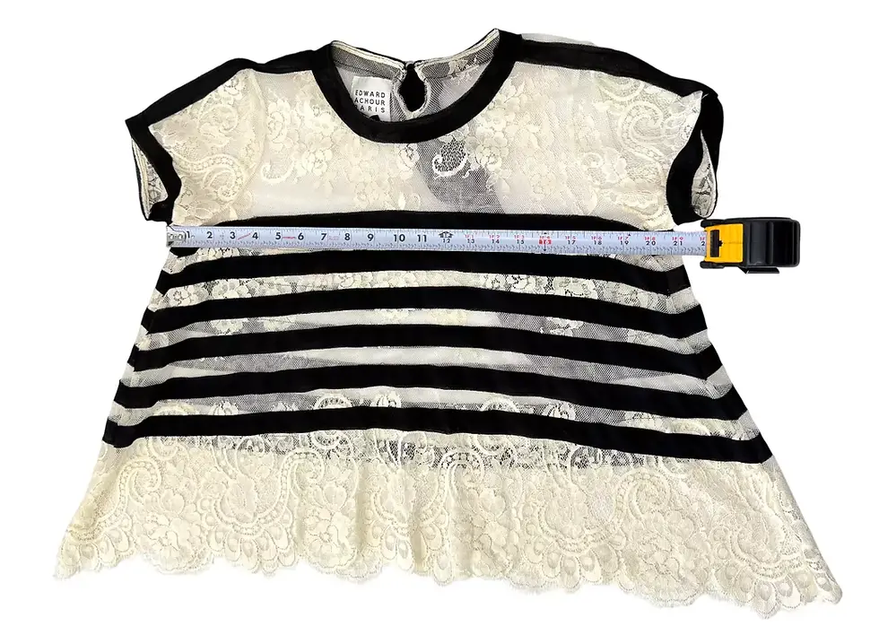 Hình thu nhỏ: EDWARD ACHOUR PARIS Cotton Blend Lace Overlay Blouse 38 Ivory Black Striped Bow