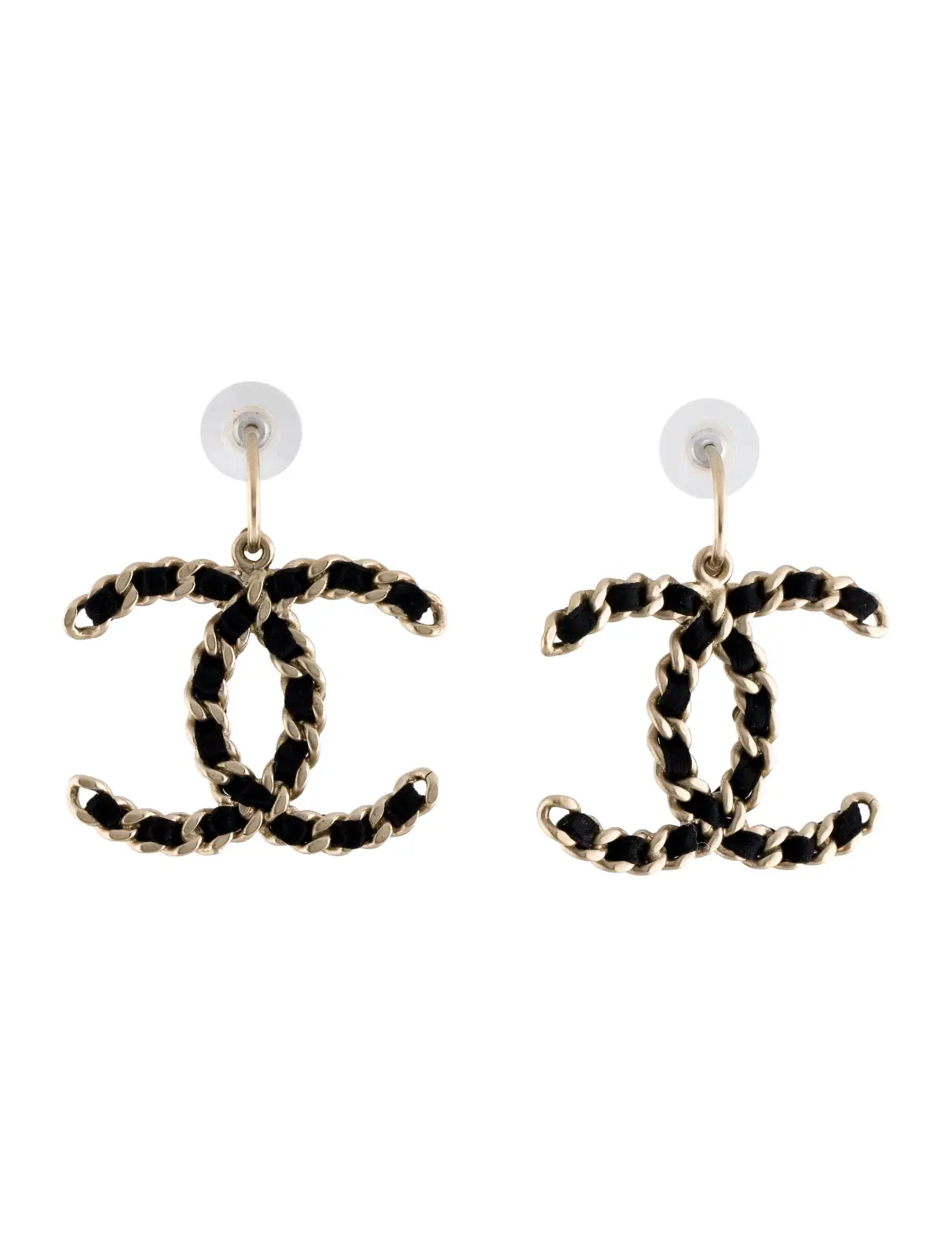 Vintage CHANEL Woven Satin Chain CC Drop Earrings Black Light Gold Plated