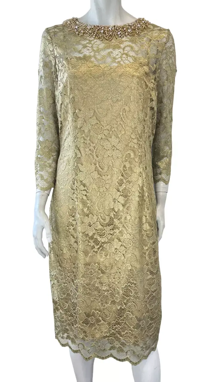 Thumbnail: TERI JON Metallic Gold Floral Lace Sheath Dress 3/4 Sleeve Beaded Neckline 12 42