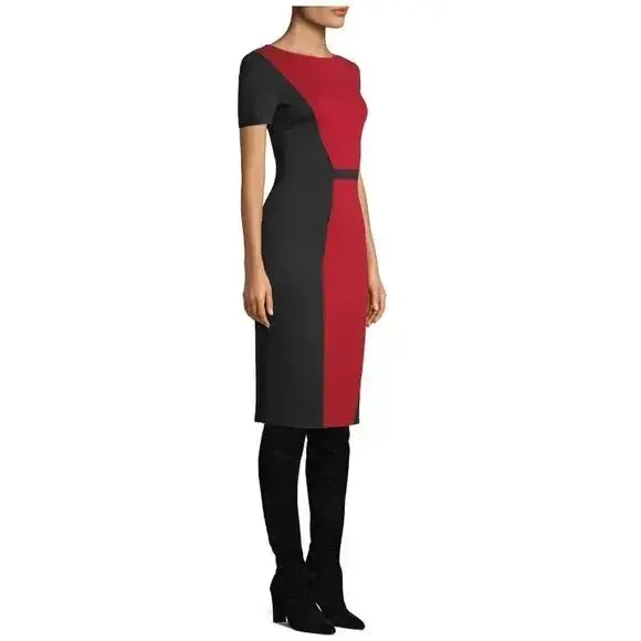 縮圖：NEW ST. JOHN Milano Knit  Dress 4 Colorblock Red Black Midi Short Sleeve Zip Up