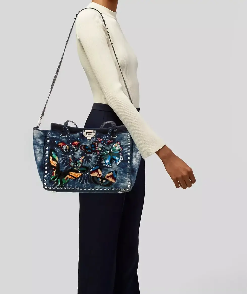 Thumbnail: VALENTINO Garavani Denim Butterfly Embroidered Rockstud Tote Medium Tie Dye Blue