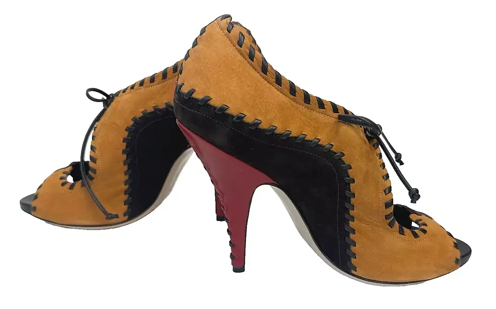 Miniatura: SALVATORE FERRAGAMO Felina Suede Leather Patchwork Heels 7.5 Brown Red Tan