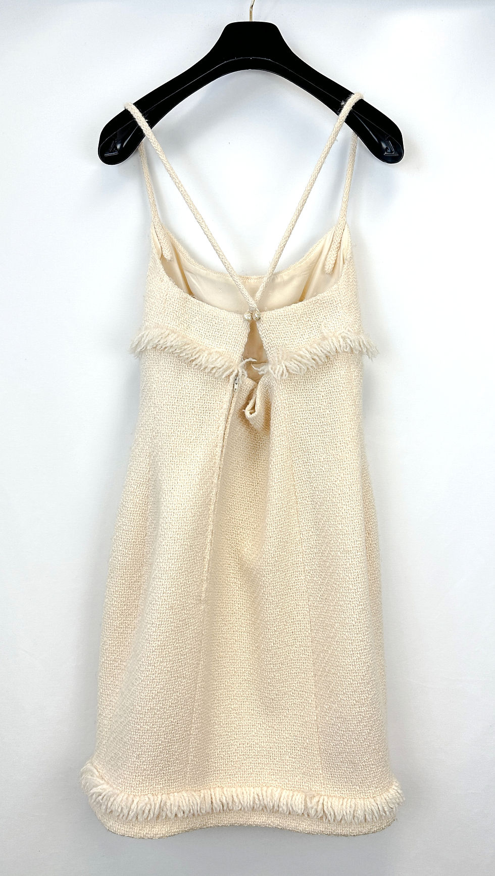 Thumbnail: CHANEL Ivory Criss Cross Tweed Knit Fringe Knee Length Dress Small 1992