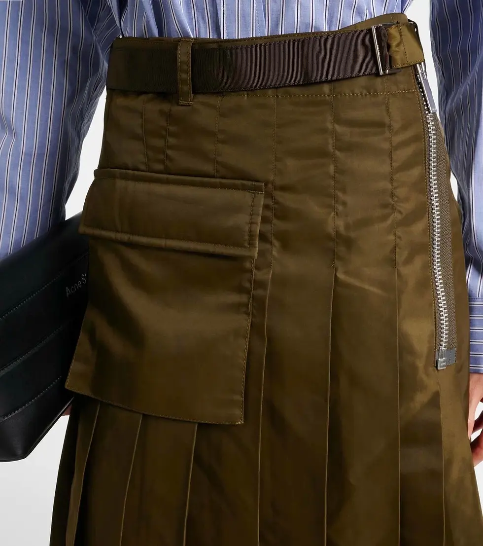 Thumbnail: SACAI Pleated Twill Zip Up Midi Skirt 3 Large Green Asymmetric Belted Nylon NWOT