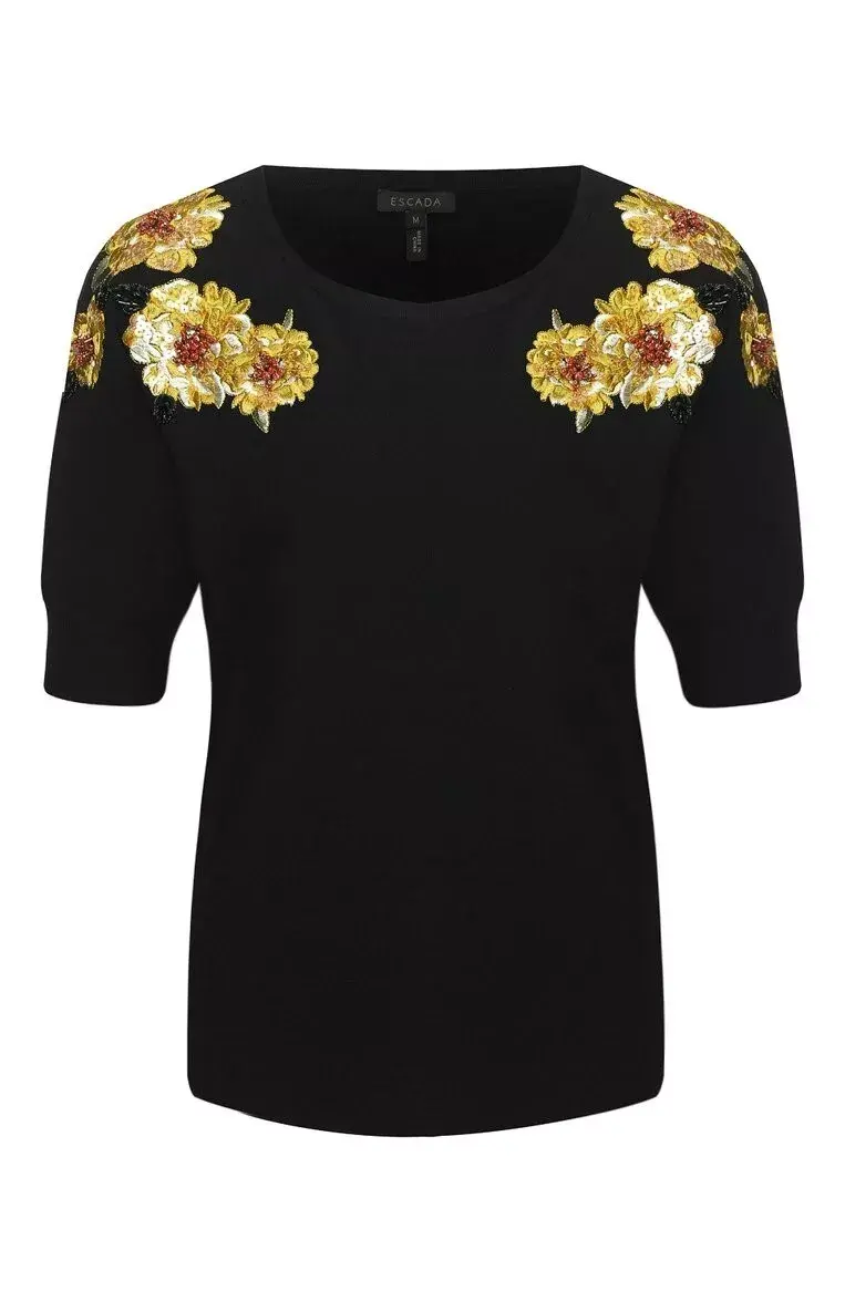 Miniatura: NWOT ESCADA Knit Short Sleeves Top Small Black Gold Embroidered Flowers Beaded