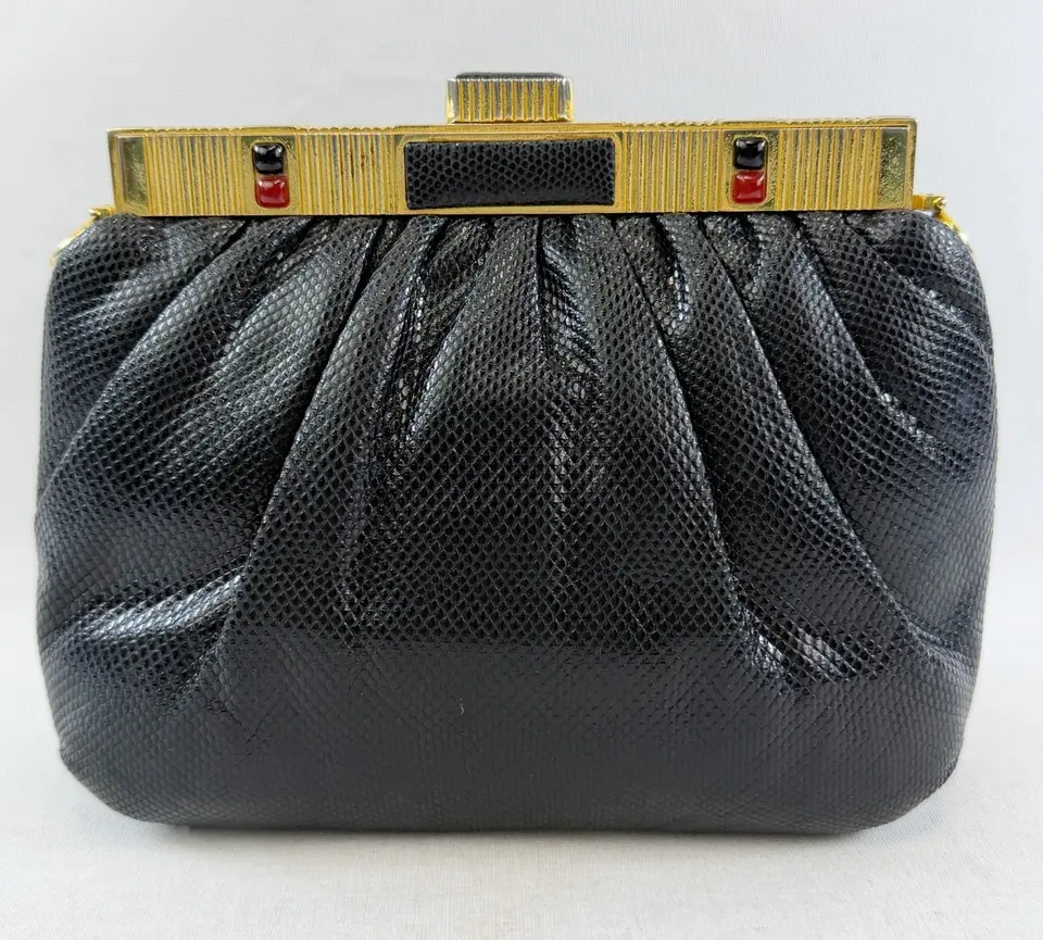 Hình thu nhỏ: Vintage JUDITH LEIBER Lizard Square Tassel Clutch Crossbody Bag Small Black Gold