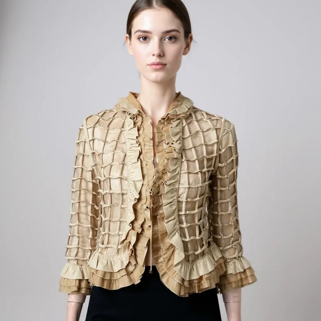 GIORGIO ARMANI Leather Mesh Caged Ruffle Open Jacket 40 4 Small Beige NEW VTG