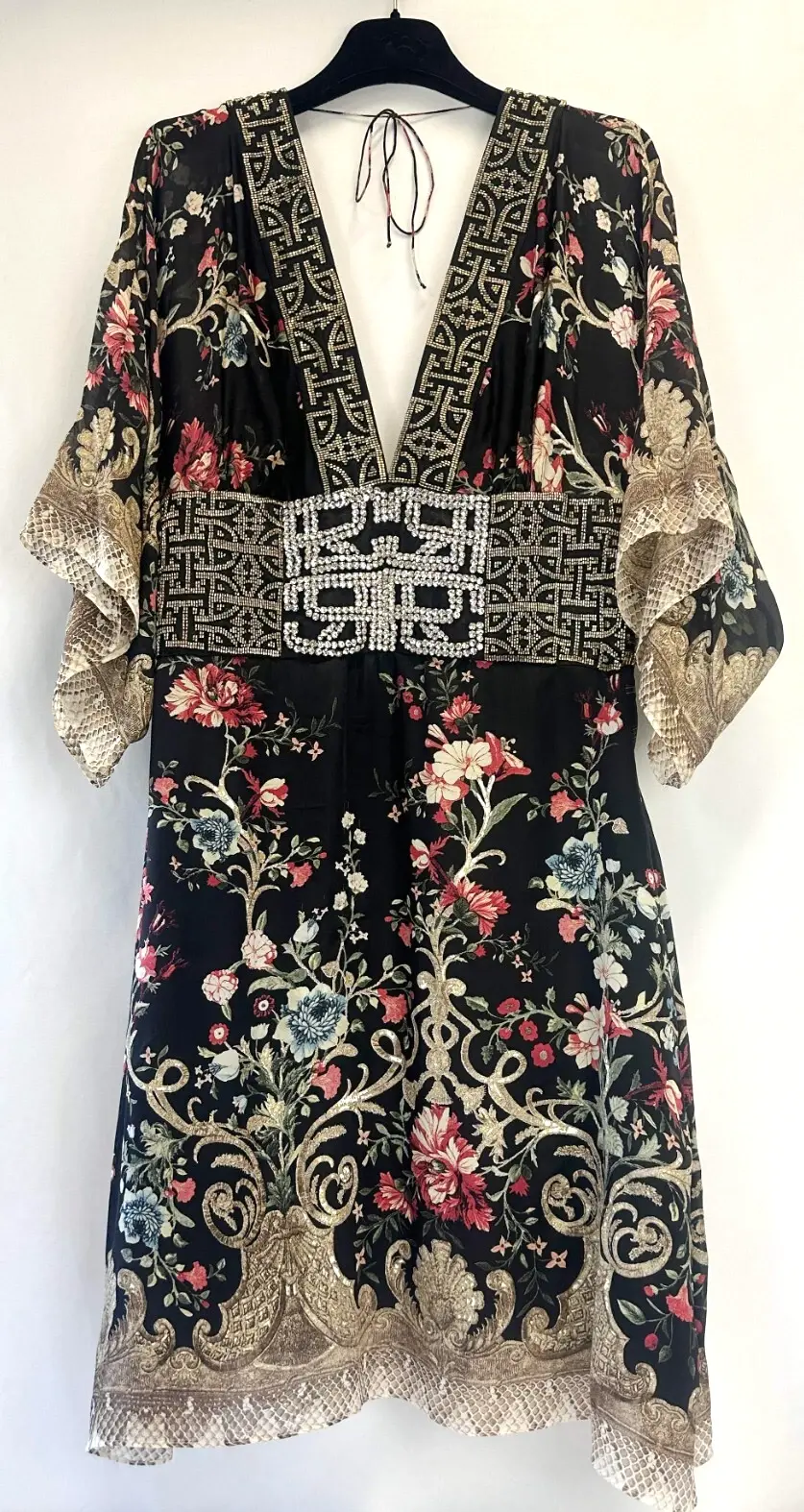 縮圖：ROBERTO CAVALLI Silk Kimono Dress 42 Black Multicolor Floral Embellished Beaded