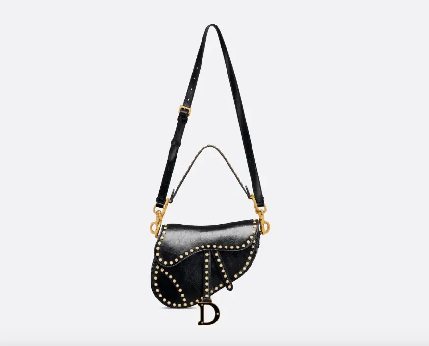 Hình thu nhỏ: NEW CHRISTIAN DIOR Crinkled Leather Saddle Bag Medium Black Resin Faux Pearls B