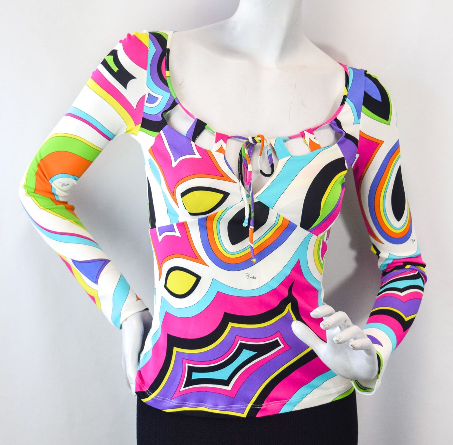 EMILIO PUCCI Stretchy Jersey Long Sleeve Top 6 Multicolor Keyhole Neck Abstract