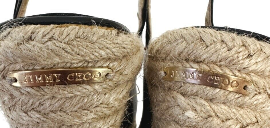 縮圖：JIMMY CHOO Polar Patent Leather Jute Espadrille Wedges 38 8 Black Slingback