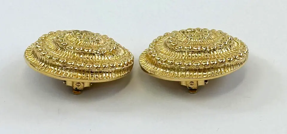Thumbnail: ST. JOHN Vintage 22k GP Gold Plated Signed Round Swirl Clip On Earrings 1980's