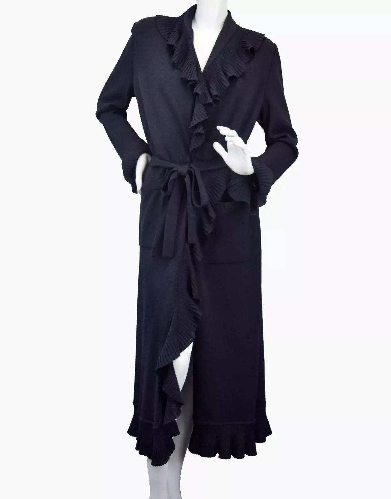 ST. JOHN Collection Knit Long Kelly Cardigan 8 Black Ruffle Belted Maxi