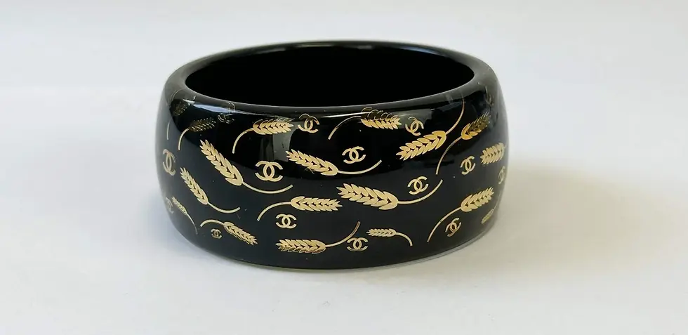 Thumbnail: CHANEL Resin Cuff Bracelet Black Gold CC Logo Wheat Bangle 2010 RARE