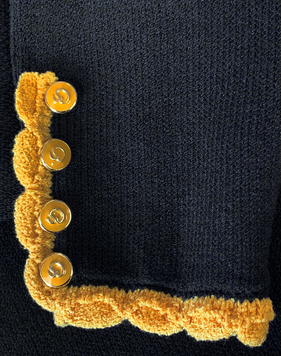 Thumbnail: ST. JOHN Vintage Black Jacket Red Yellow Scalloped Trim Enameled Buttons P 2 4